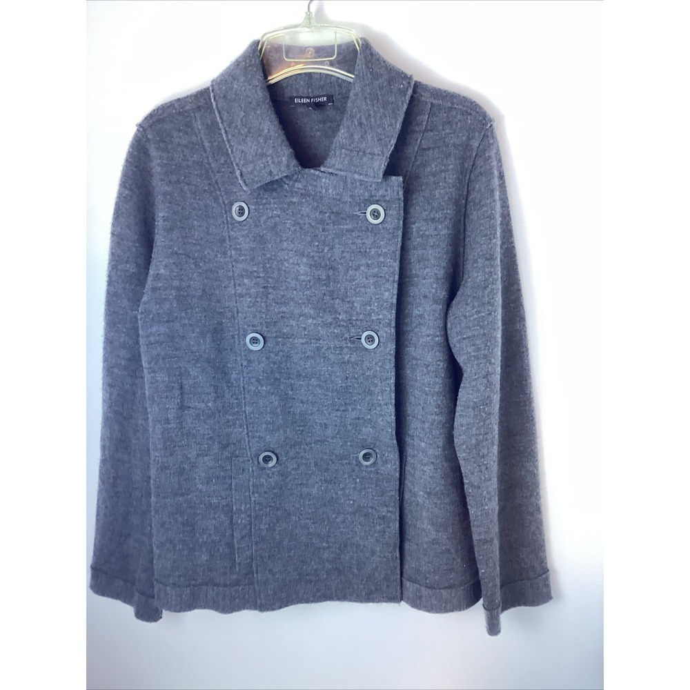 Eileen Fisher Women Merino Wool Knit Jacket Pockets Double Breasted Size L Gray